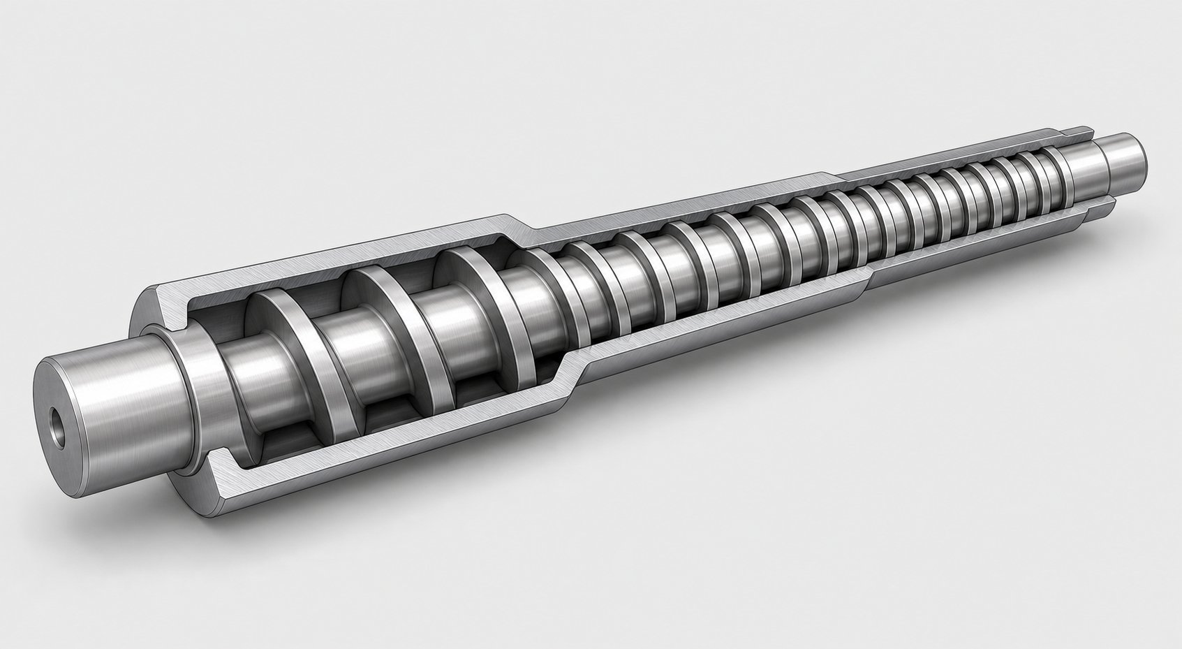 plasticating screw showing feed compression and metering zone geometry that controls the melting process