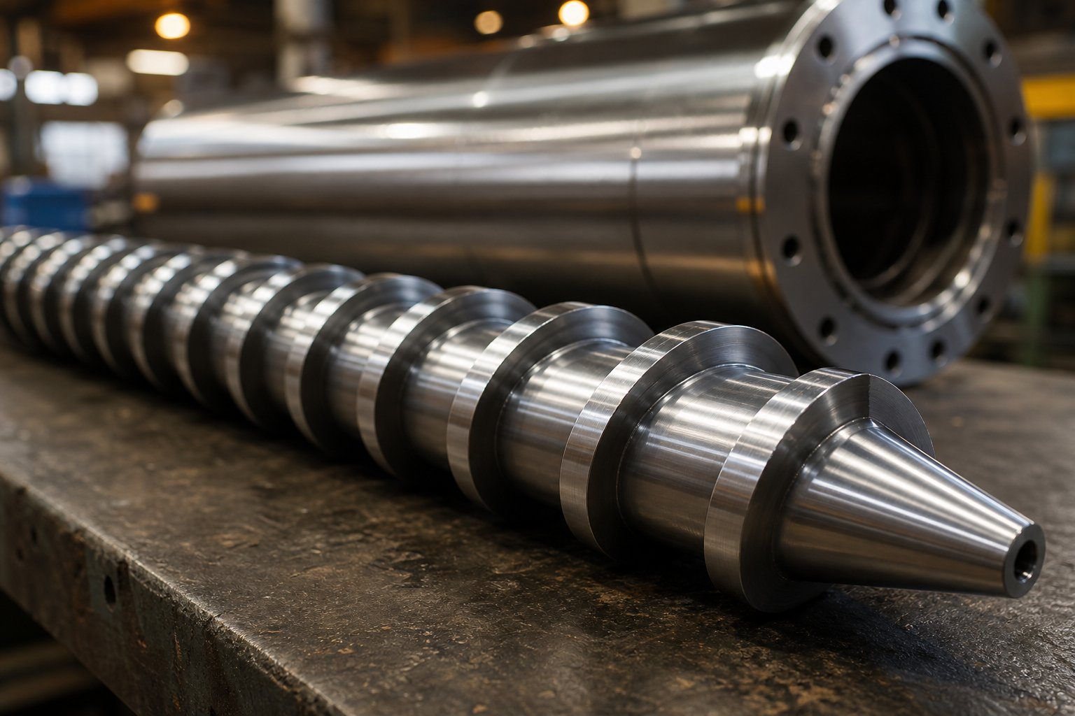precision machined plasticating screw and barrel assembly used in plastics extrusion and injection molding equipment