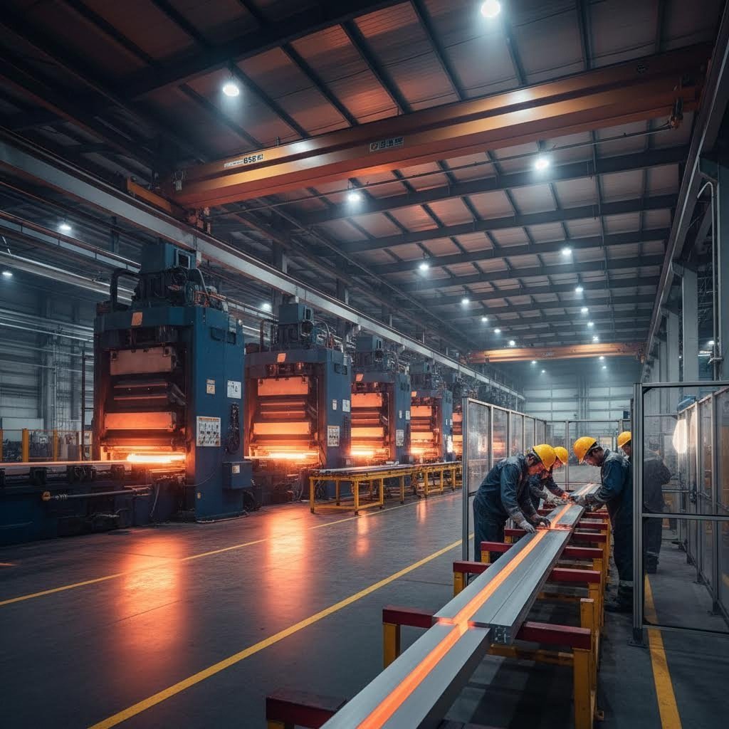 advanced aluminum extrusion facility with multiple hydraulic presses and quality control operations