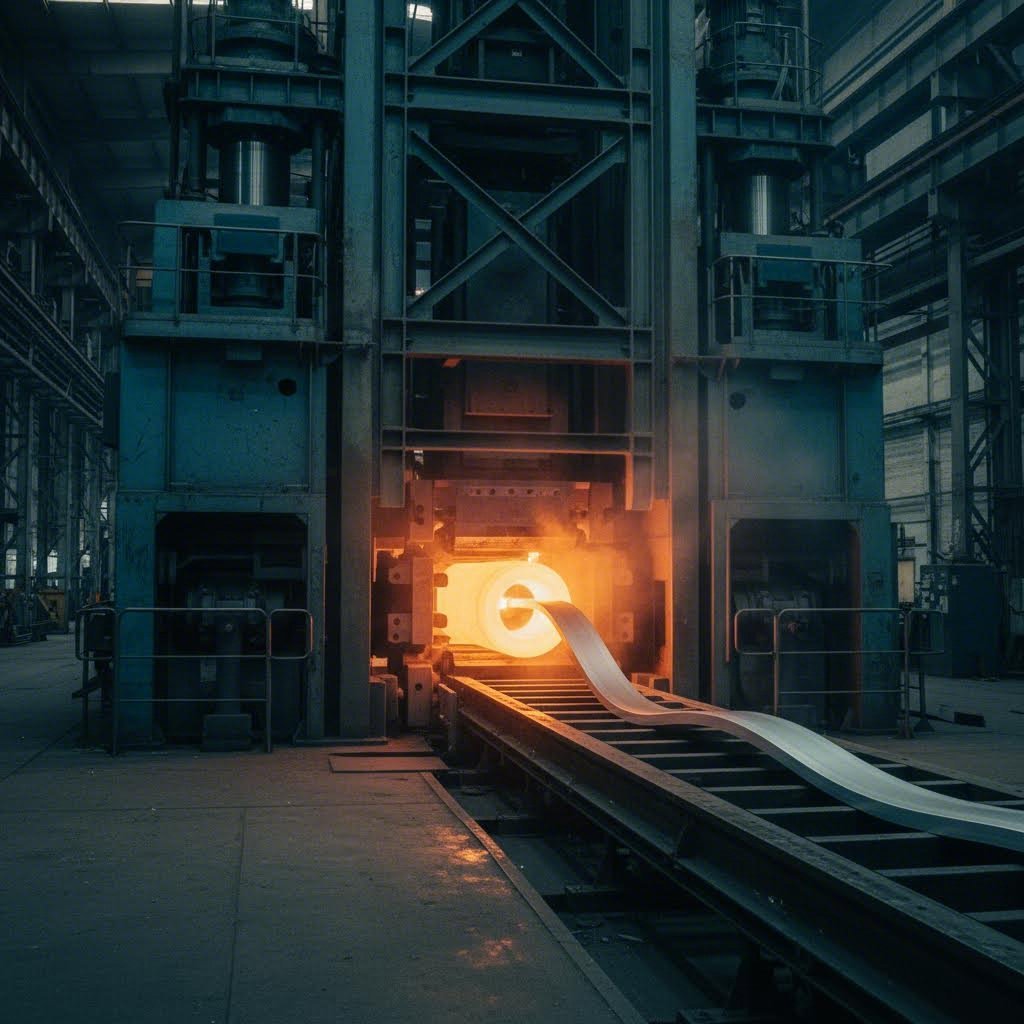 aluminum extrusion process showing heated billet forced through precision die to create window profiles