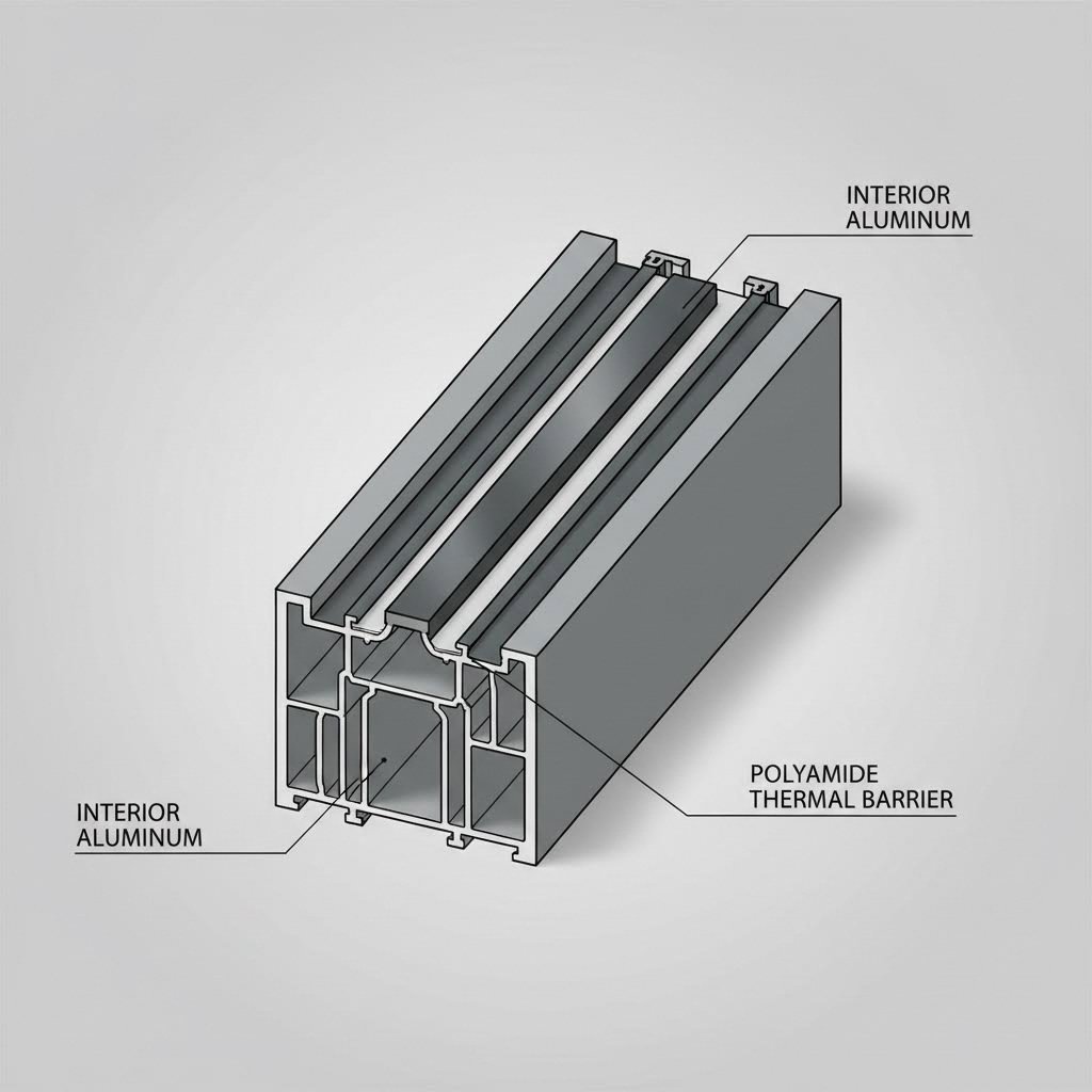 cross section of thermally broken aluminum window frame with polyamide insulating barrier