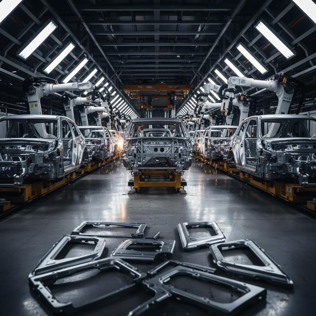 automotive production line assembling stamped chassis and body components