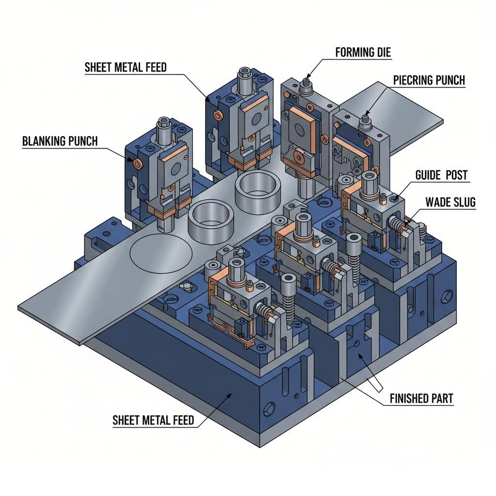 progressive die stamping station showing sequential forming operations
