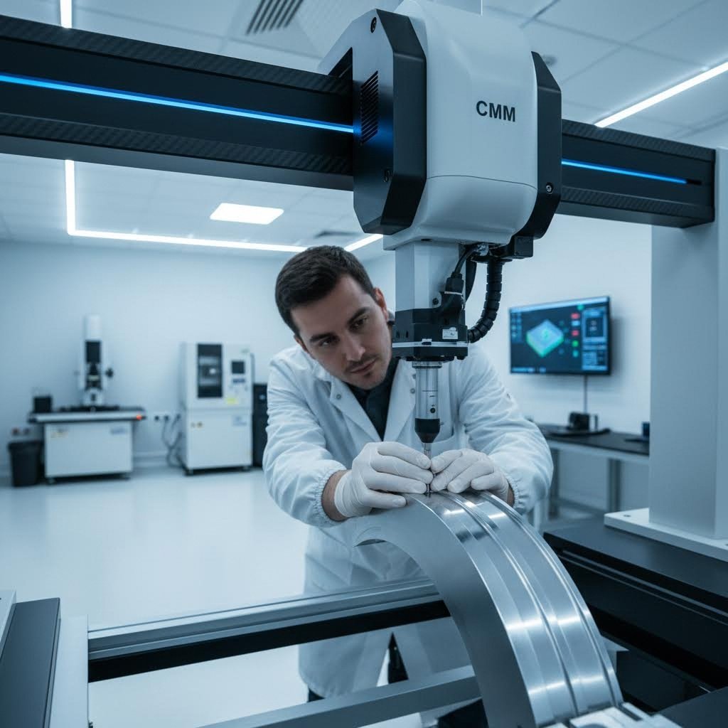 quality inspector verifying stamped component dimensions with precision measuring equipment