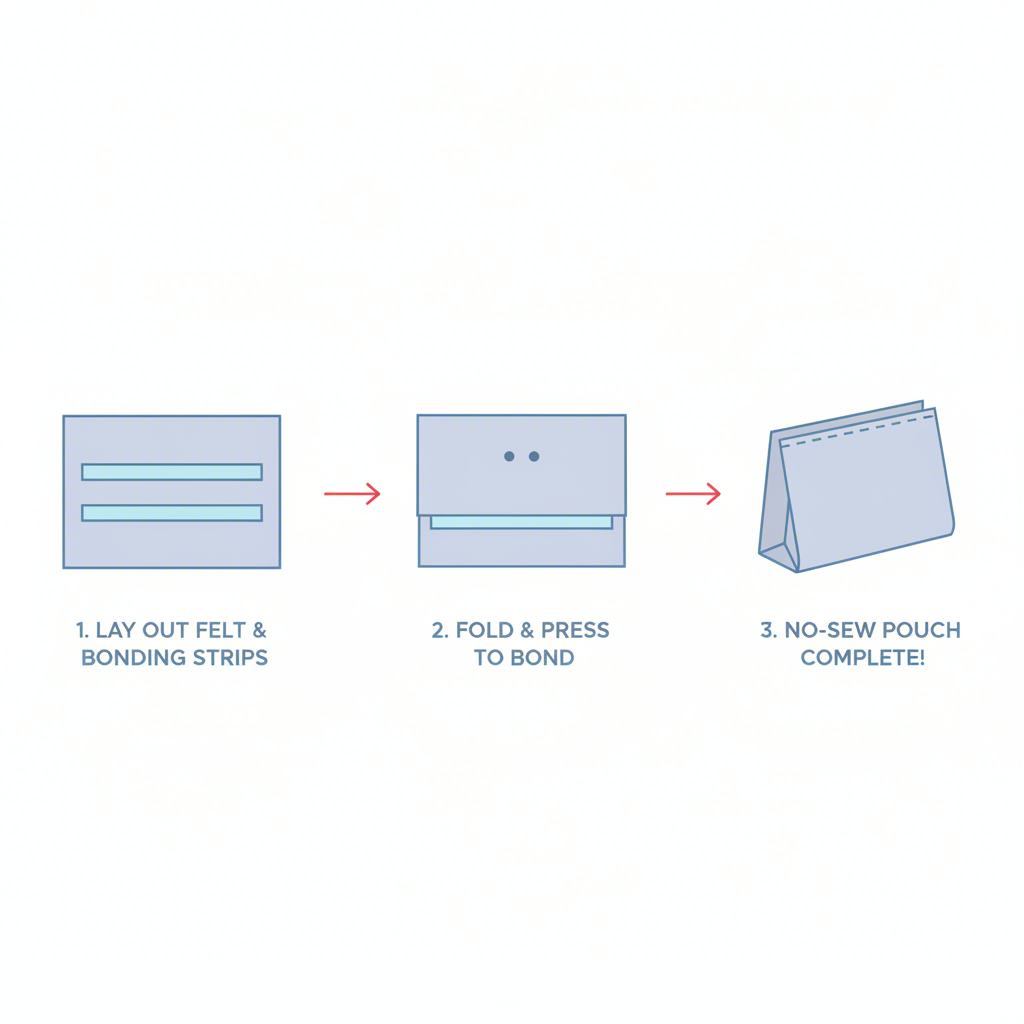 a step by step diagram showing how to assemble a felt pencil pouch with bonding strips