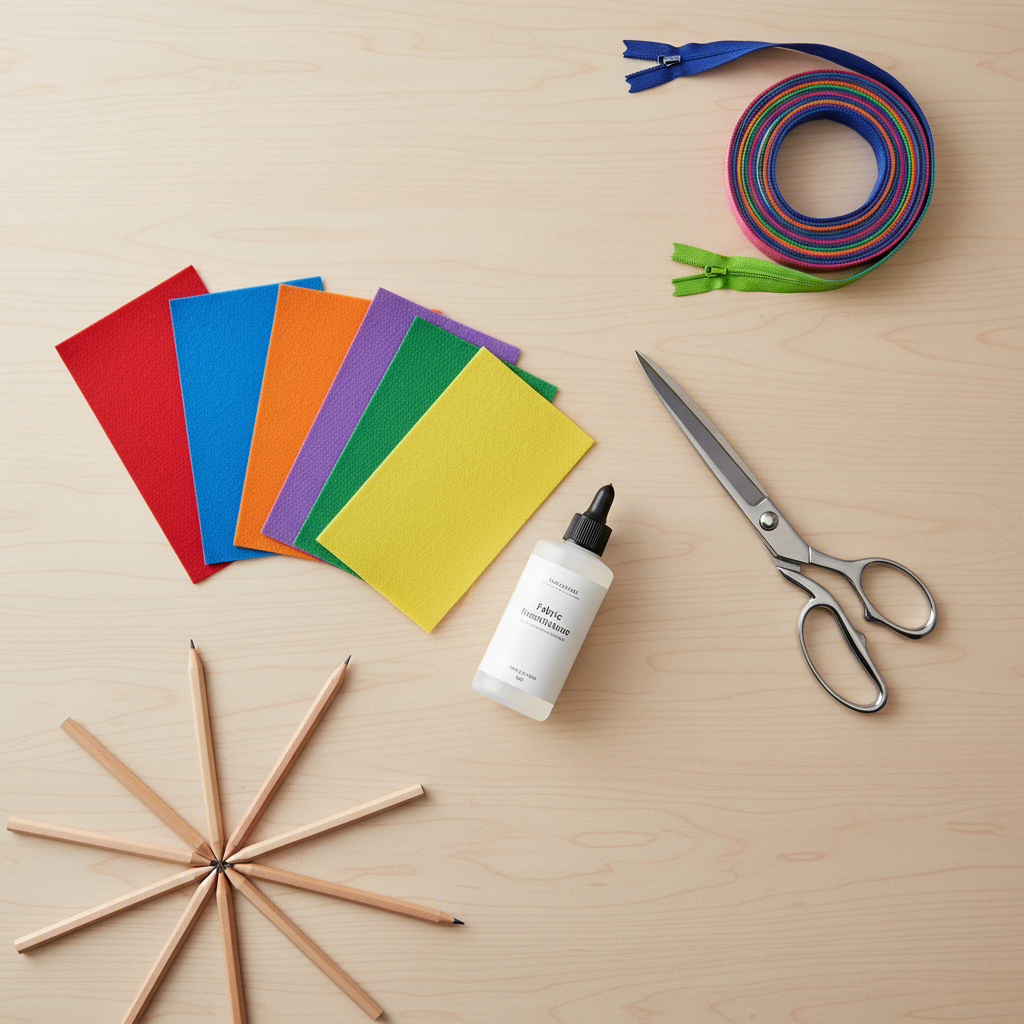 an overhead view of colorful craft supplies for making a diy no sew pencil pouch
