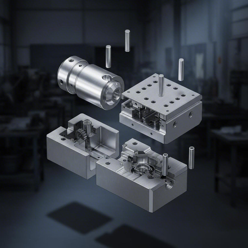 exploded view of stamping die components showing punch and die block assembly