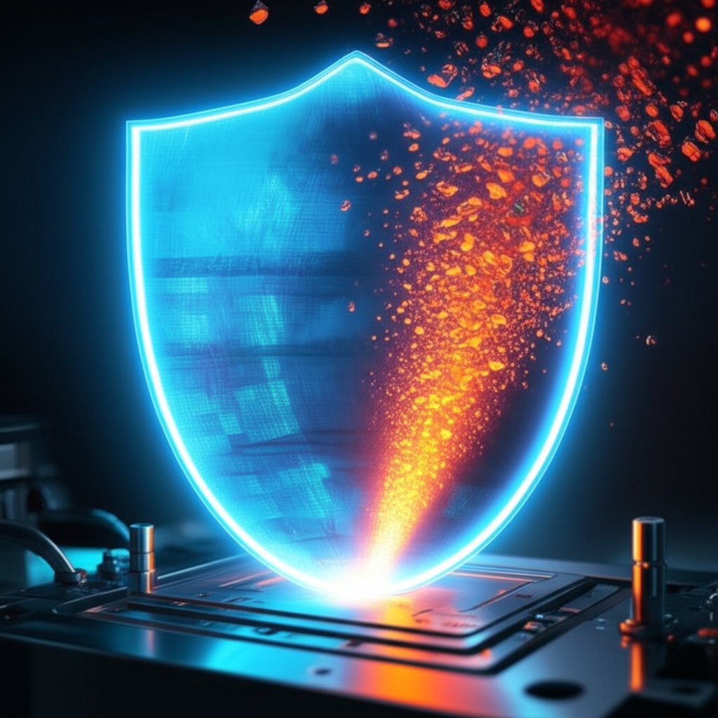 abstract representation of a protective shield preventing die soldering on a mold surface