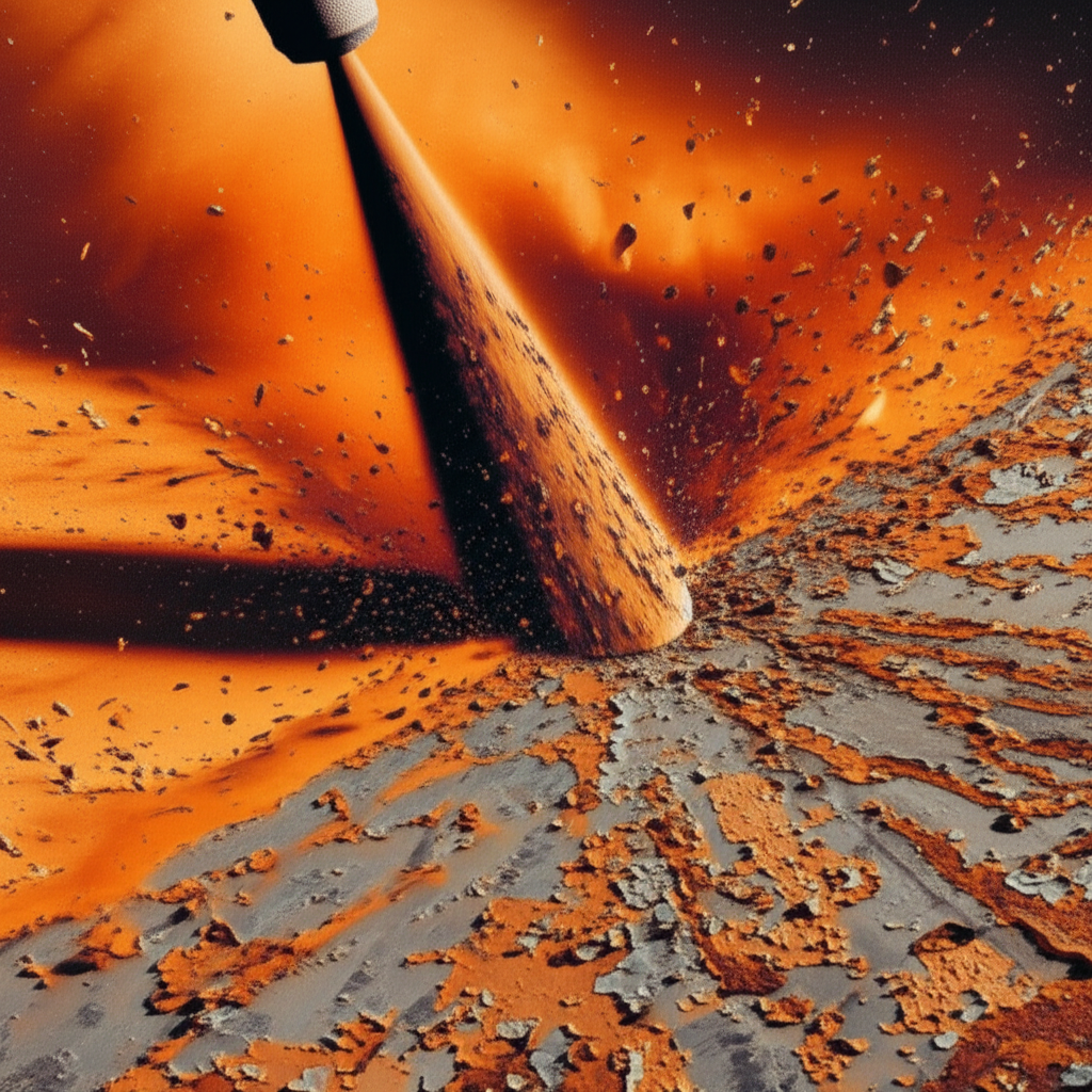 illustration of sandblastings aggressive power removing heavy rust from a steel surface