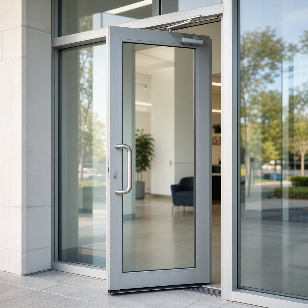 aluminum storefront door with essential hardware components
