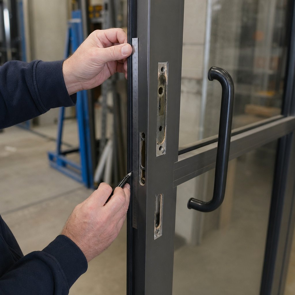measuring an aluminum door hardware opening before replacement