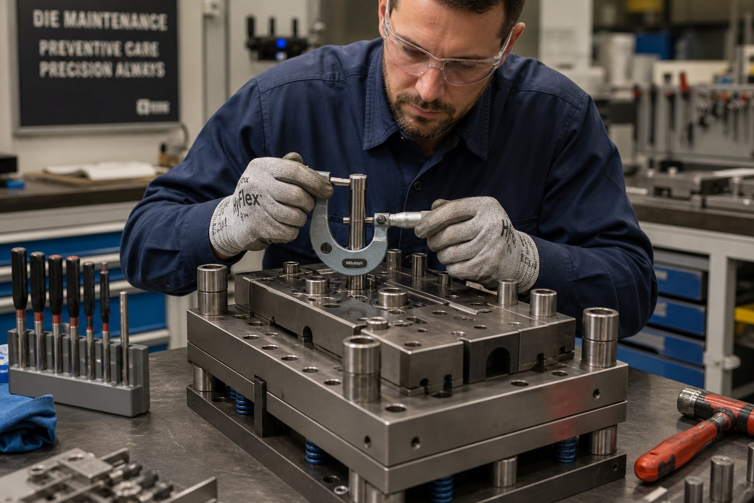info-1-1 technician measuring punch dimensions during scheduled preventive die maintenance inspection