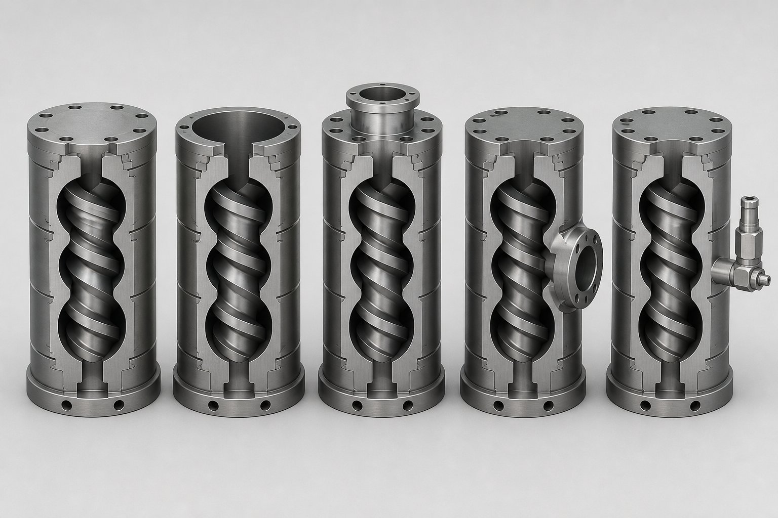 cutaway view of five modular barrel segment types used in twin screw extruders each designed for a specific processing function