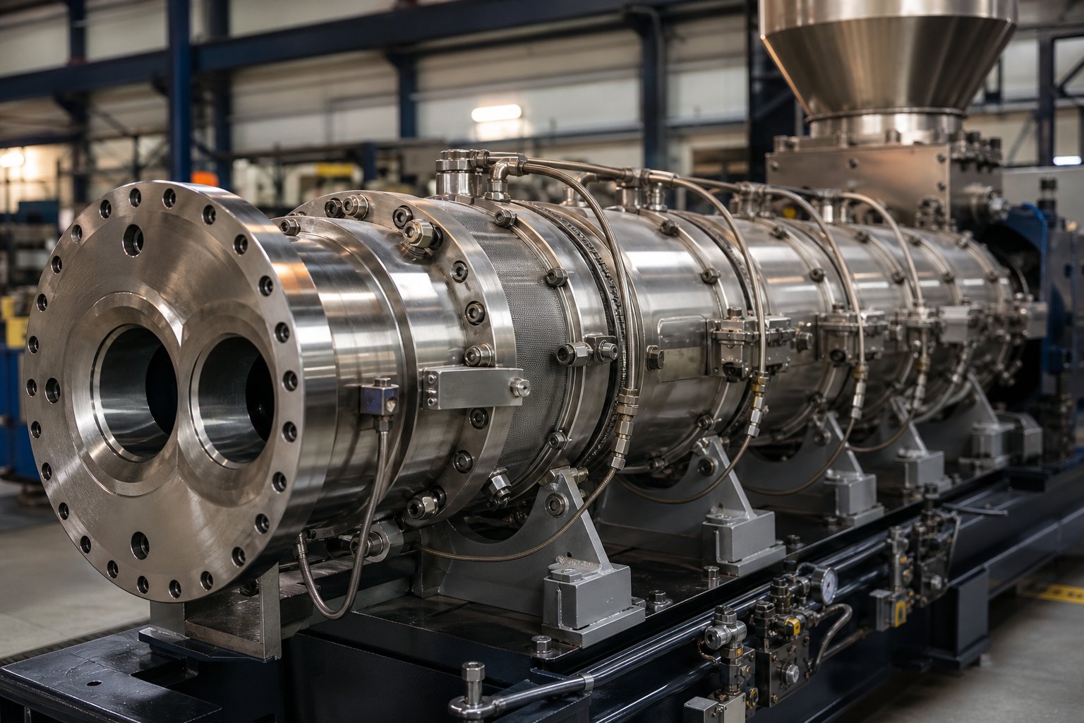 modular twin screw extruder barrel assembly showing bolted segments heating bands and cooling lines in an industrial production setting