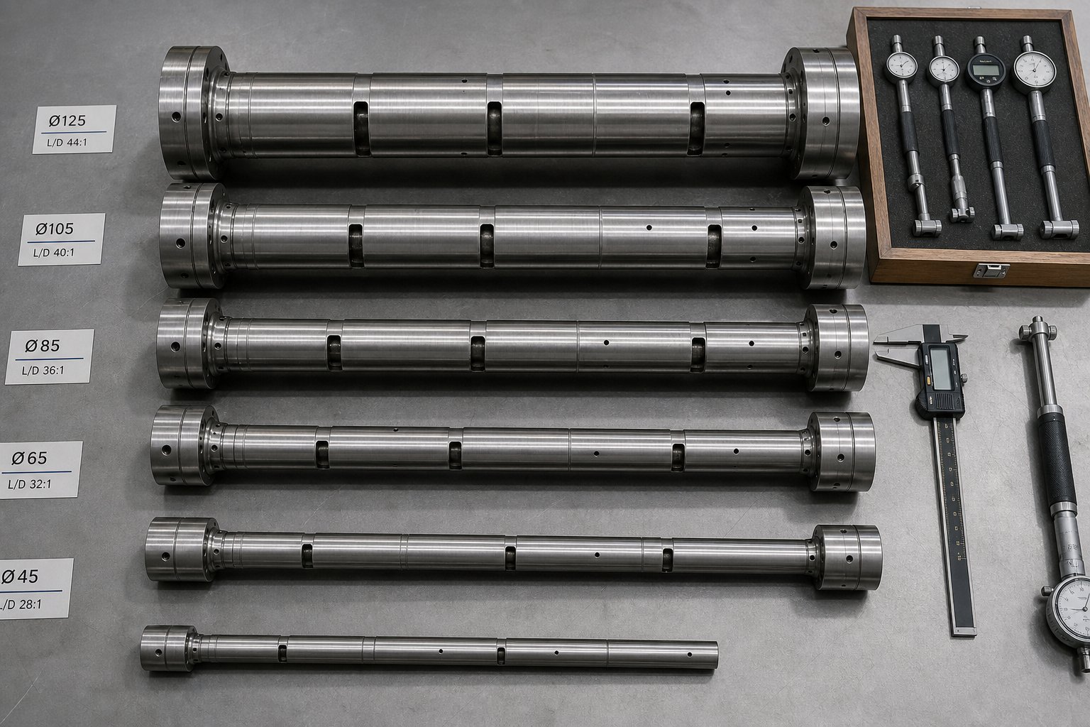 parallel twin screw barrel segments and precision measuring tools arranged for specification matching and quality inspection