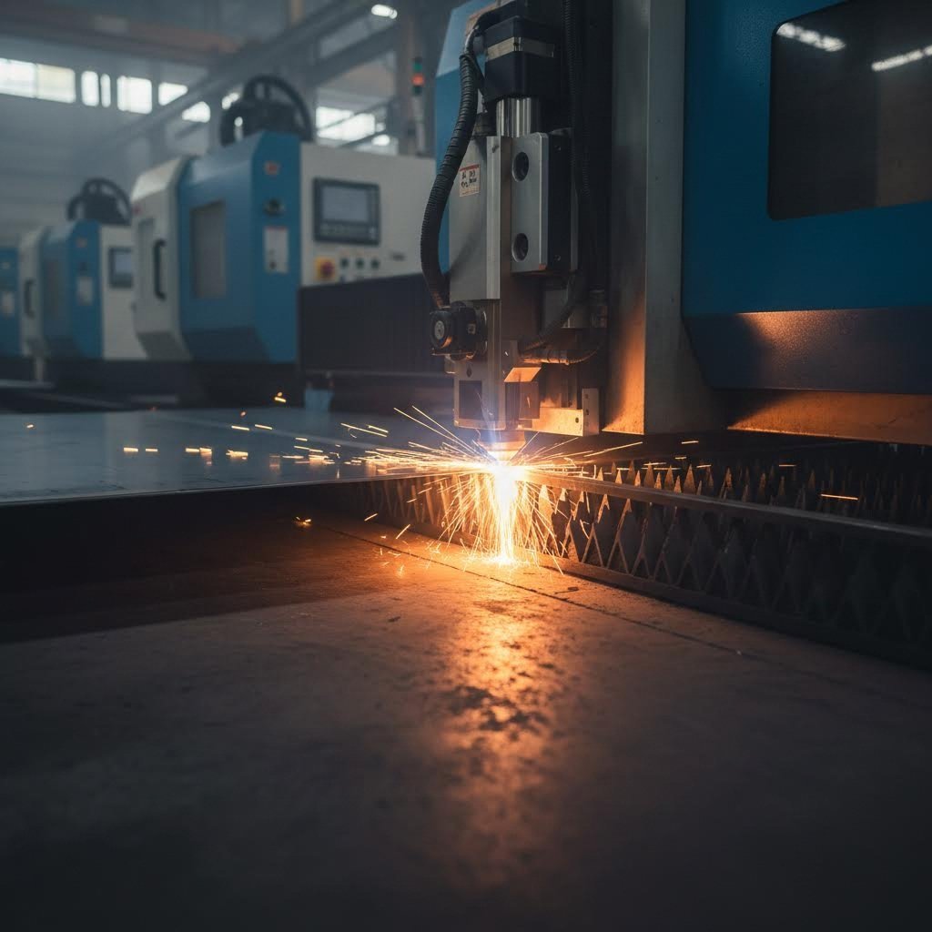 industrial fiber laser cutting machine creating precision metal parts with brilliant sparks