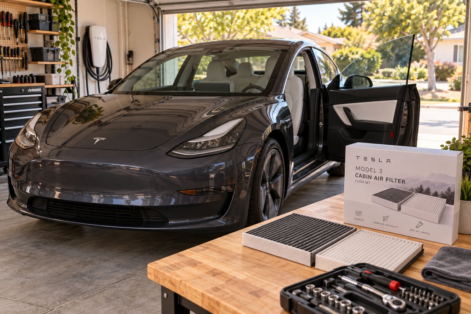 home garage setup ready for a quick tesla model 3 cabin air filter replacement session