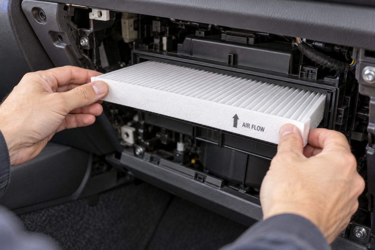 installing a new cabin air filter element into the tesla model 3 hvac housing with correct airflow orientation
