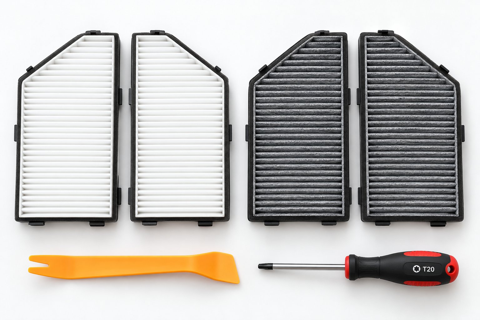 standard particulate filters compared with activated carbon cabin air filters alongside basic replacement tools