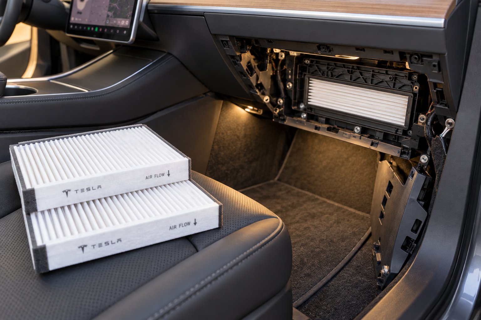 tesla model 3 cabin air filter replacement setup showing the passenger side access panel and fresh filter elements