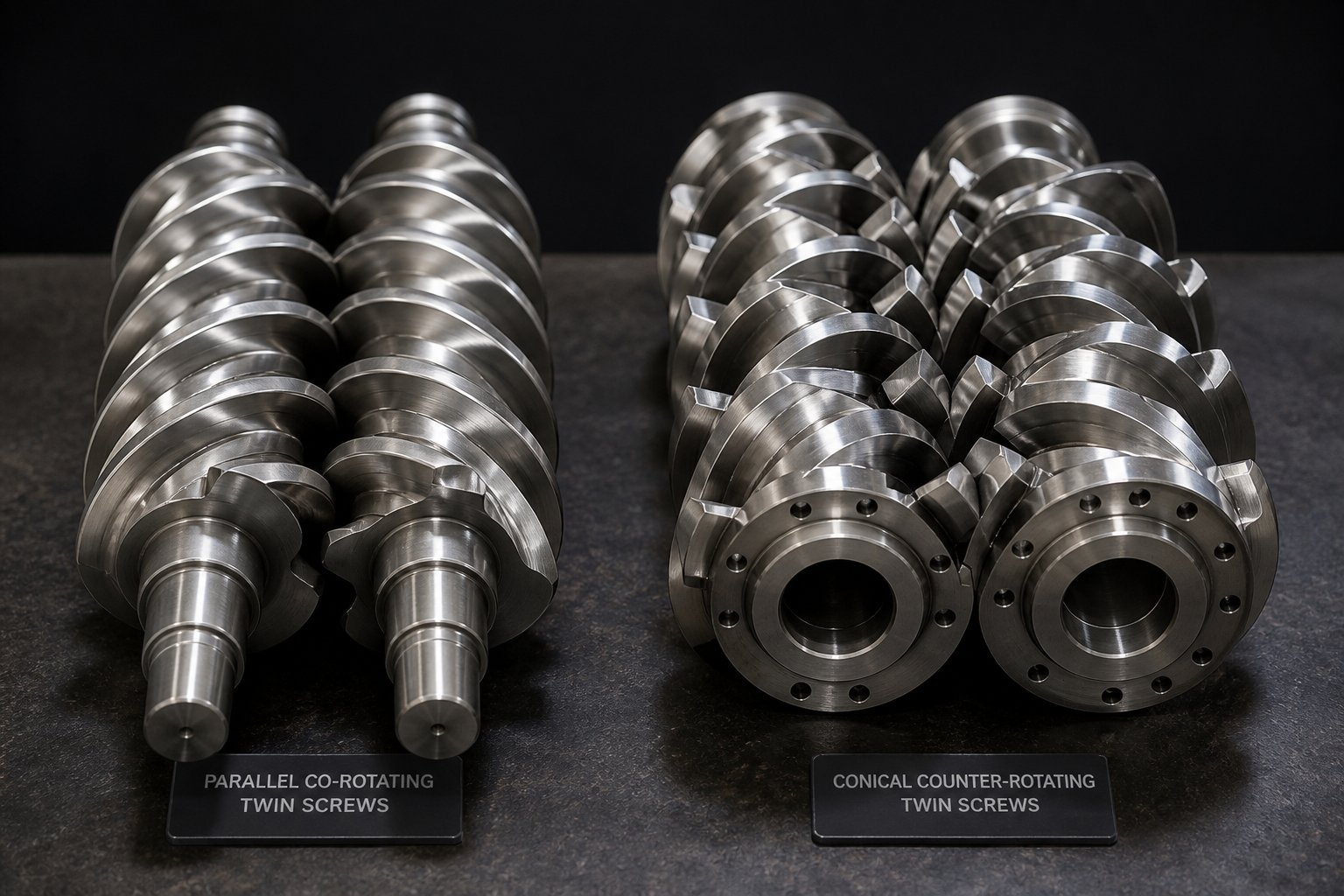 co rotating parallel screws and conical counter rotating screws serve fundamentally different applications and cost profiles