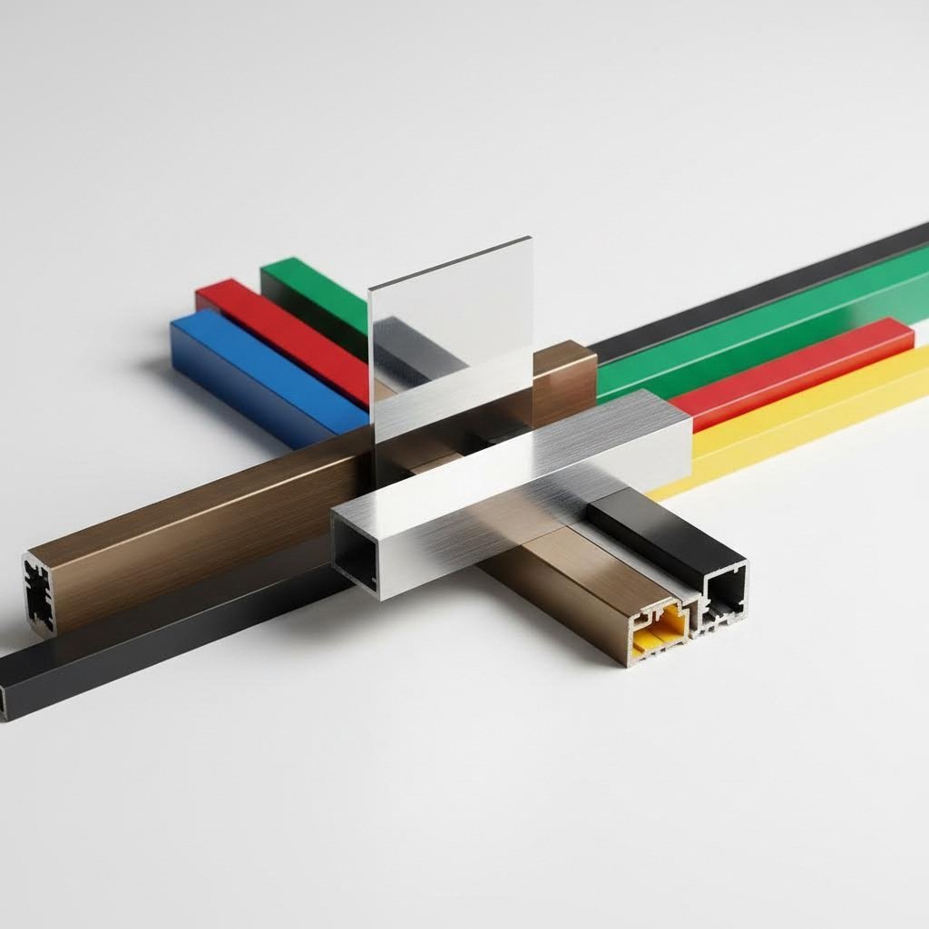 aluminum extrusion profiles showcasing anodized powder coated and brushed surface finishes