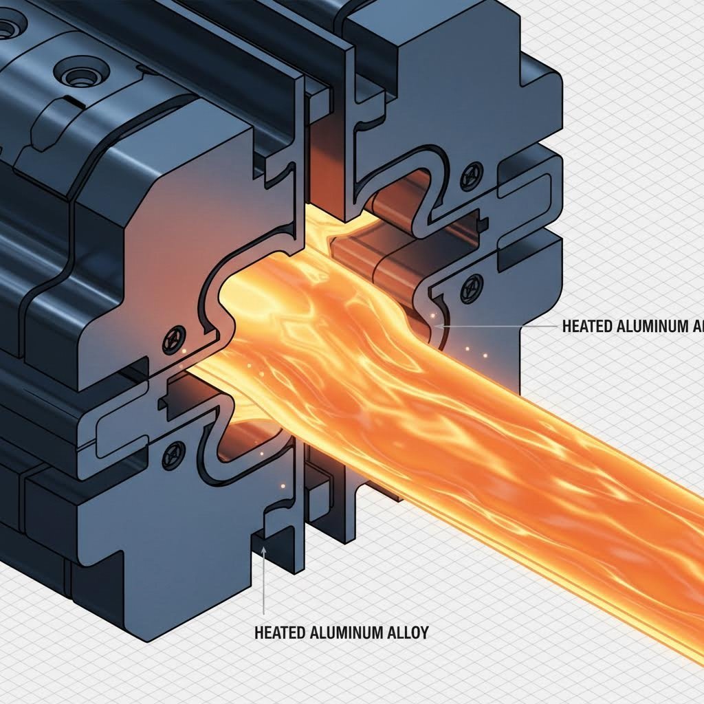 cross section view of aluminum flowing through an extrusion die under hydraulic pressure