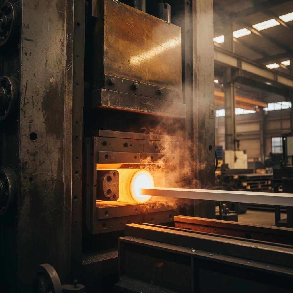 custom aluminum extrusion process showing heated billet being formed through precision tooling