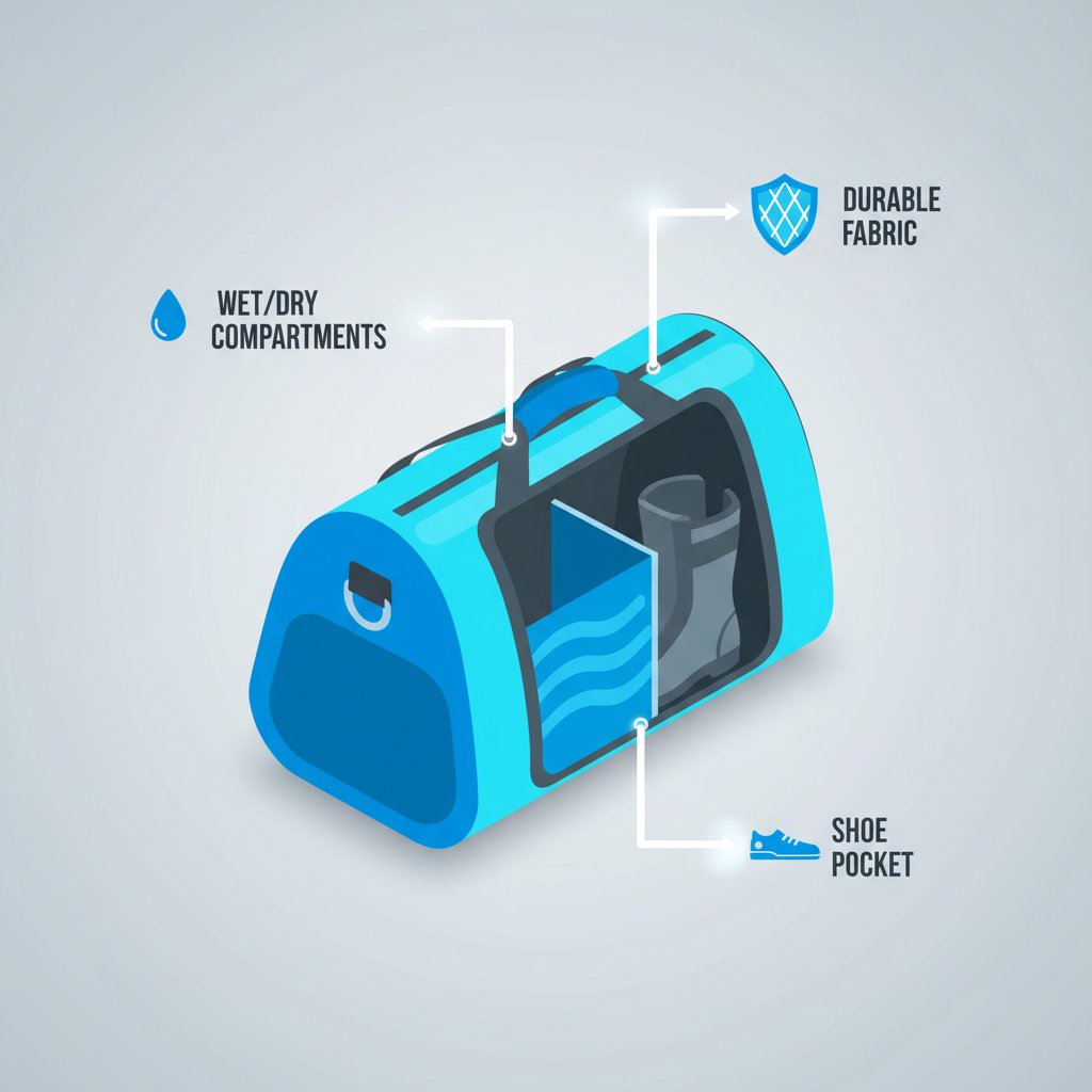 diagram showing the key features of a modern waterproof swim bag