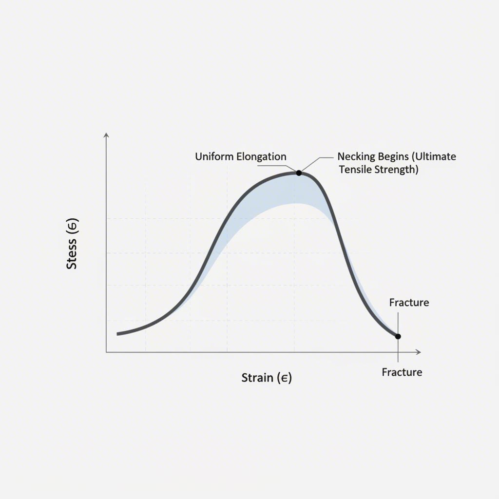 Stress strain curve identifying the onset of necking instability