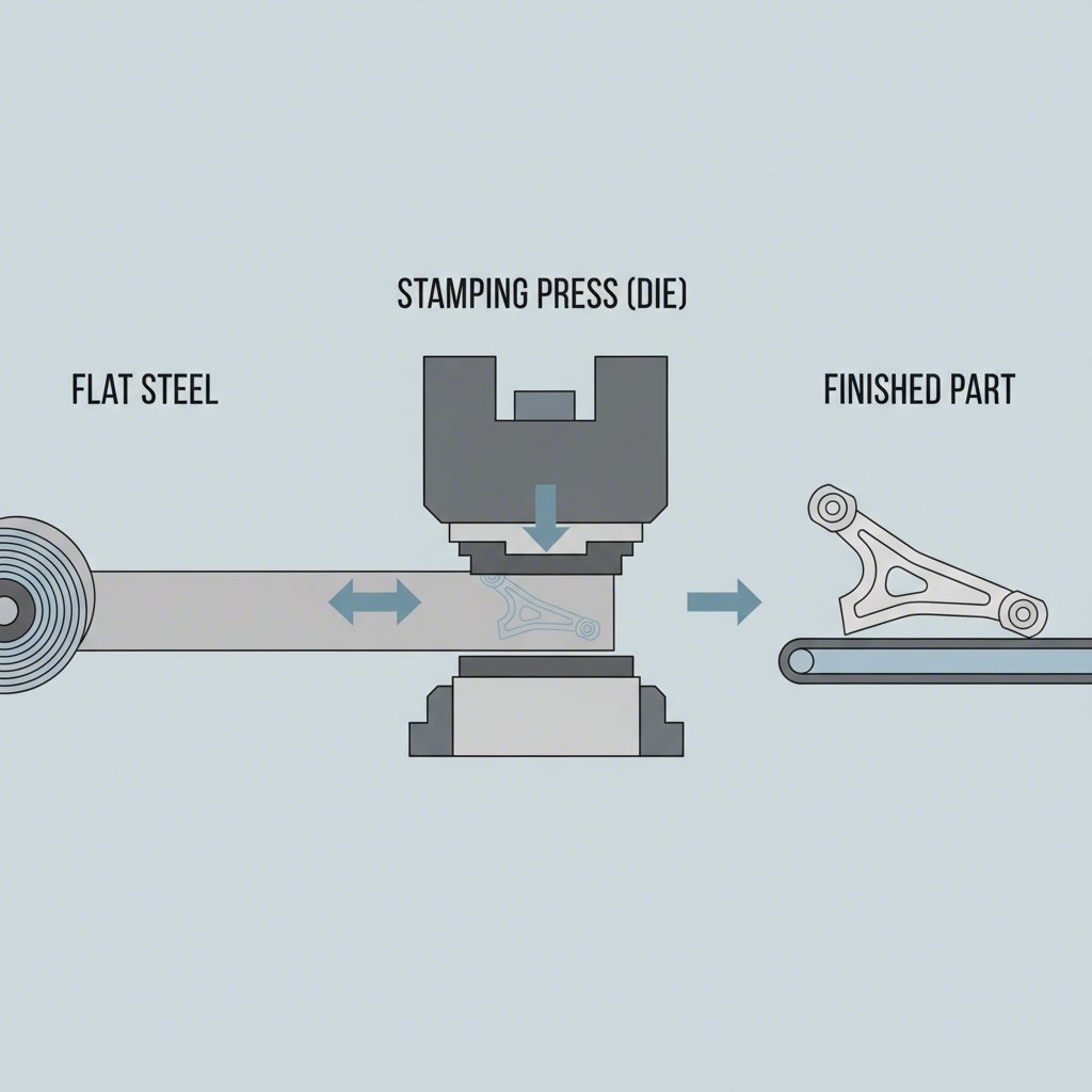 diagram showing the industrial process of stamping steel into a control arm