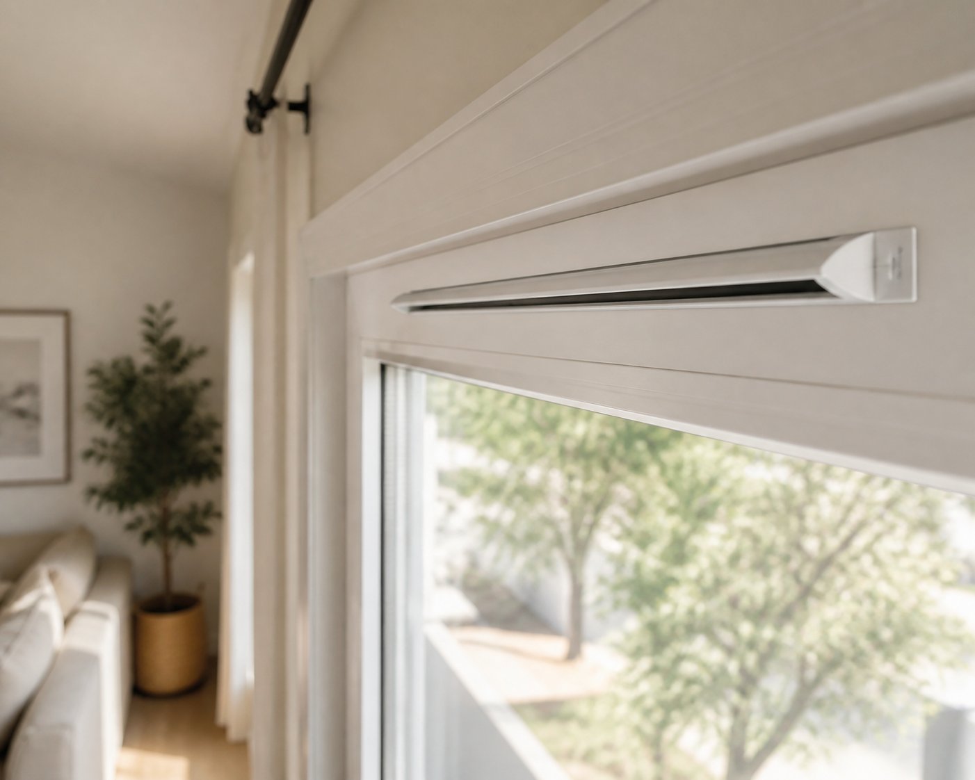 a trickle air vent fitted into a window frame head provides controlled background ventilation even when the window is fully closed