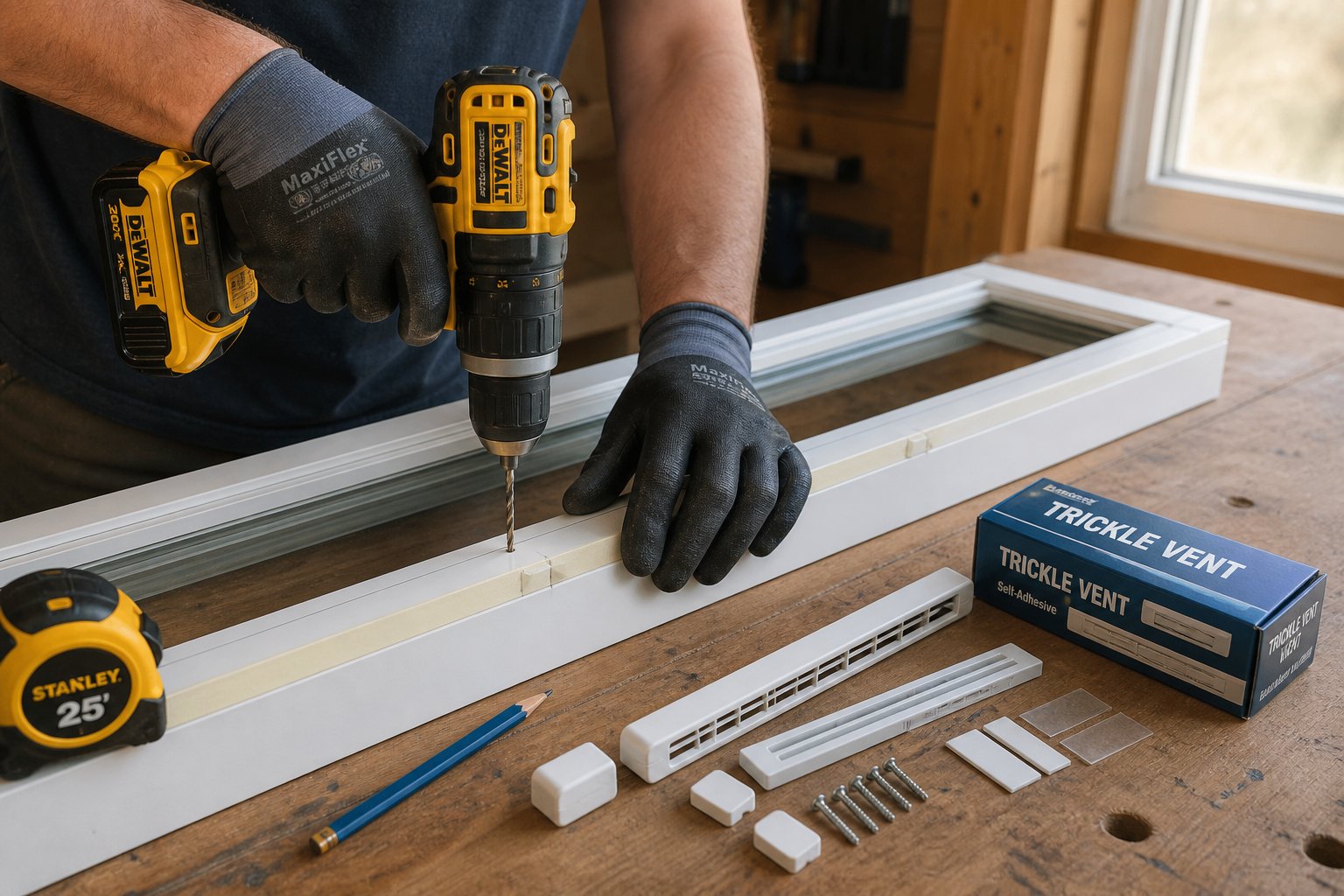 fitting trickle vents involves measuring drilling pilot holes cutting the slot and securing internal and external components
