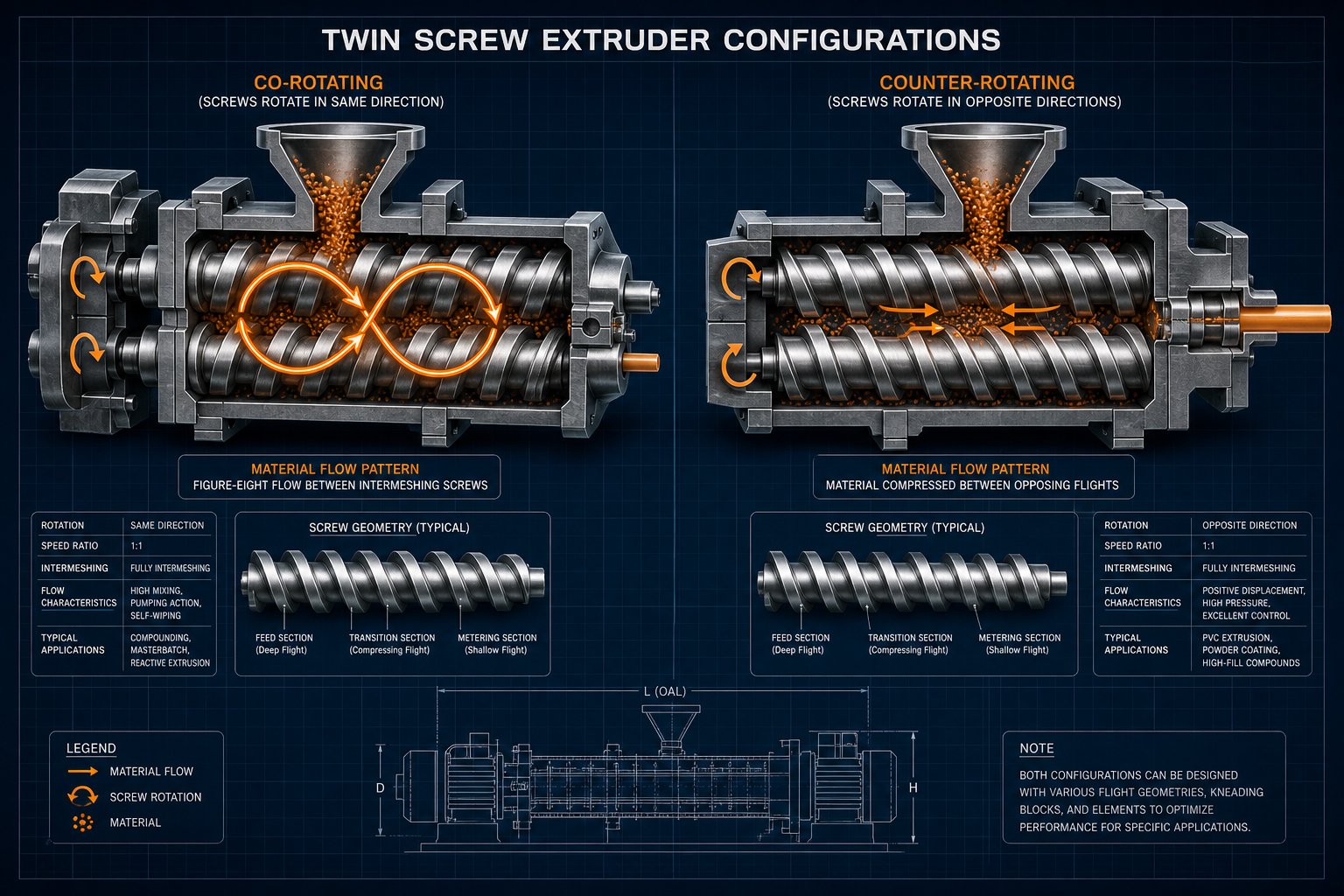 co rotating vs counter rotating twin screw configurations showing how rotation direction changes material flow and mixing behavior