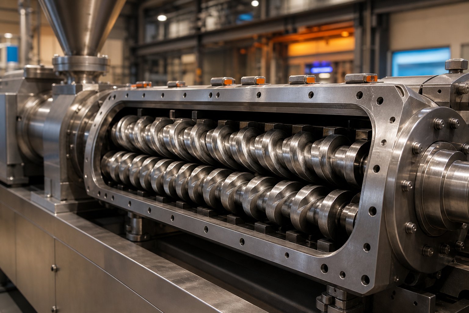 twin screw extruder with intermeshing screws inside a heated barrel the core machine behind every compounding and extrusion operation