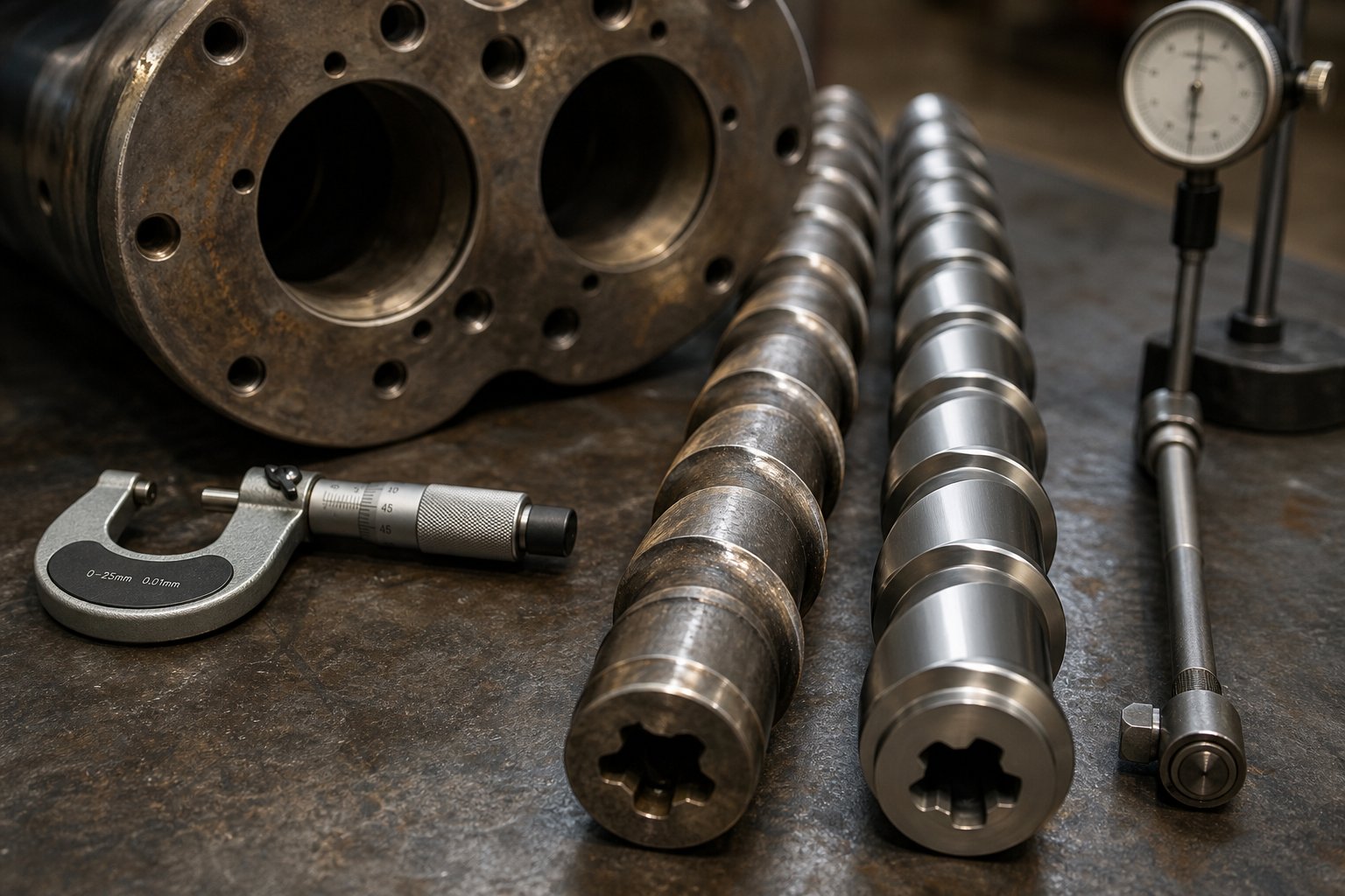 worn and new twin screw extruder screw elements compared on a maintenance bench highlighting flight tip wear from abrasive processing