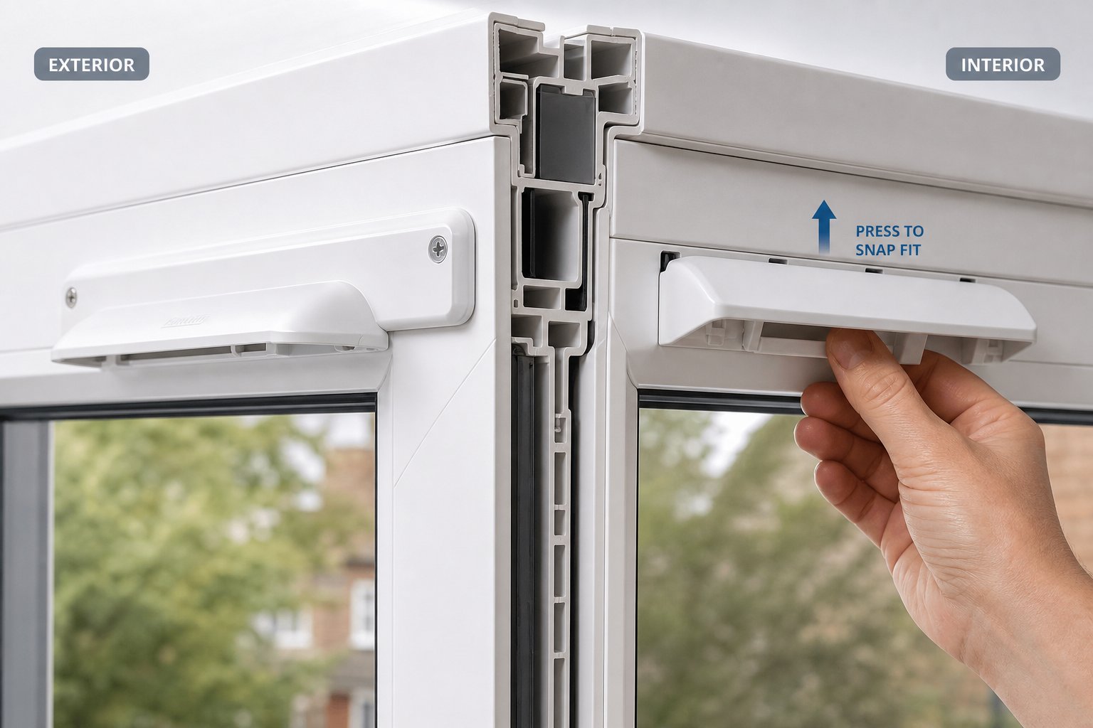 fitting the internal trickle vent canopy using a snap fit mechanism over the externally mounted rain deflector