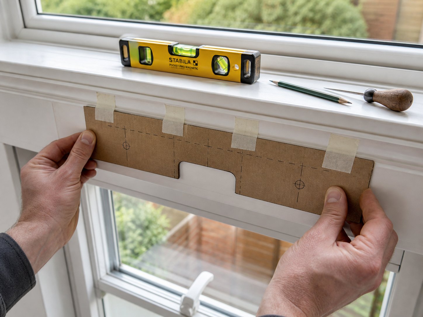 positioning and levelling a trickle vent routing template on the head of a upvc window frame before marking
