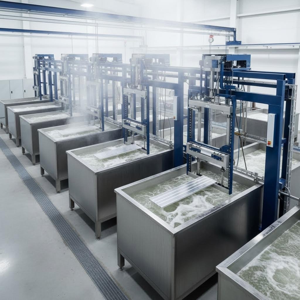 multi stage pretreatment tanks prepare aluminum extrusions for optimal powder coating adhesion