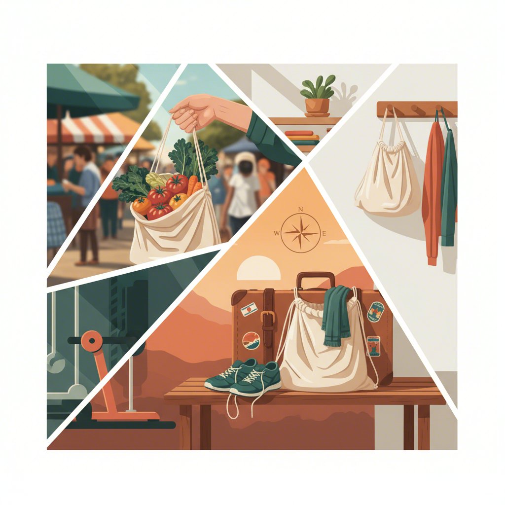 a versatile canvas drawstring bag shown in various everyday and travel scenarios