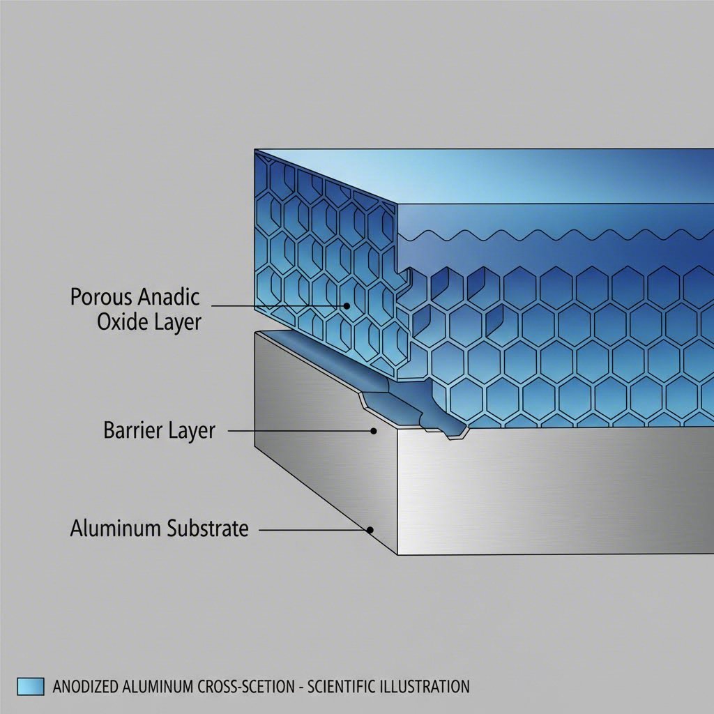 cross section view showing how anodizing transforms aluminum into protective oxide layer