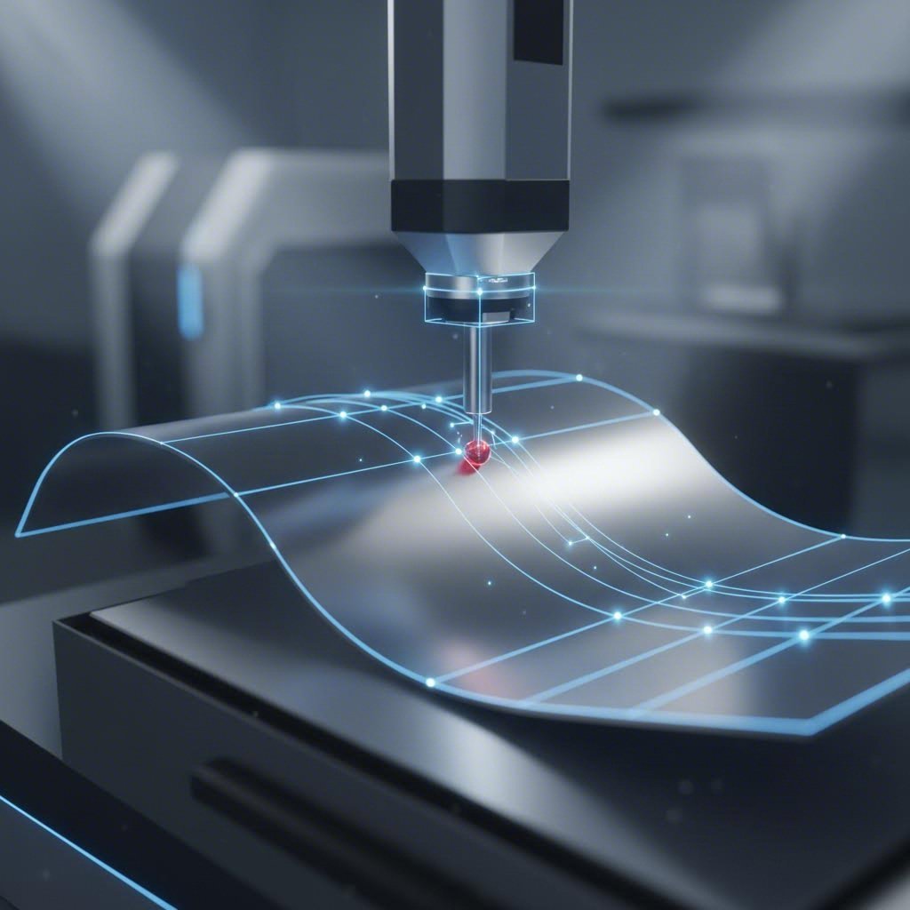 CMM probe verifying stamped part geometry against CAD model