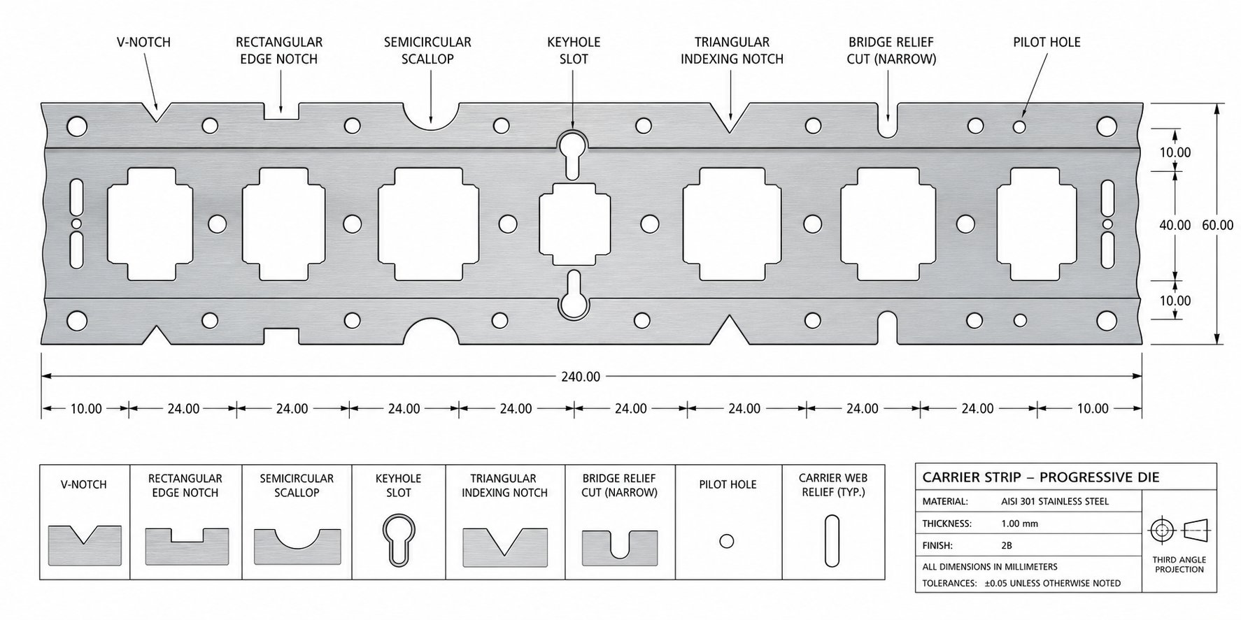 info-1-1 carrier strip layout showing distinct notch types and their positions in a progressive die strip