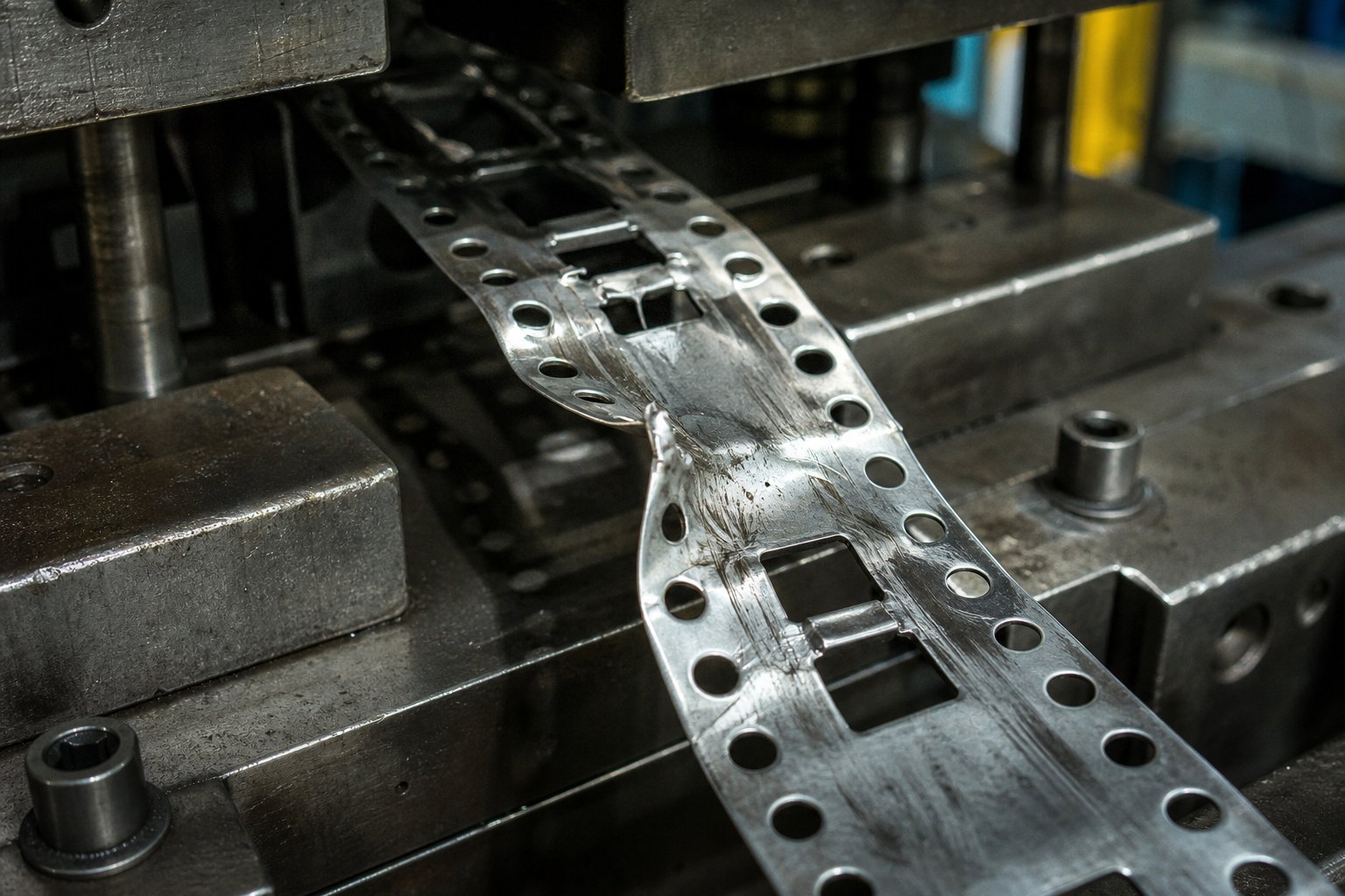 info-1-1 damaged carrier strip showing buckling and drag marks caused by inadequate bypass notch clearance