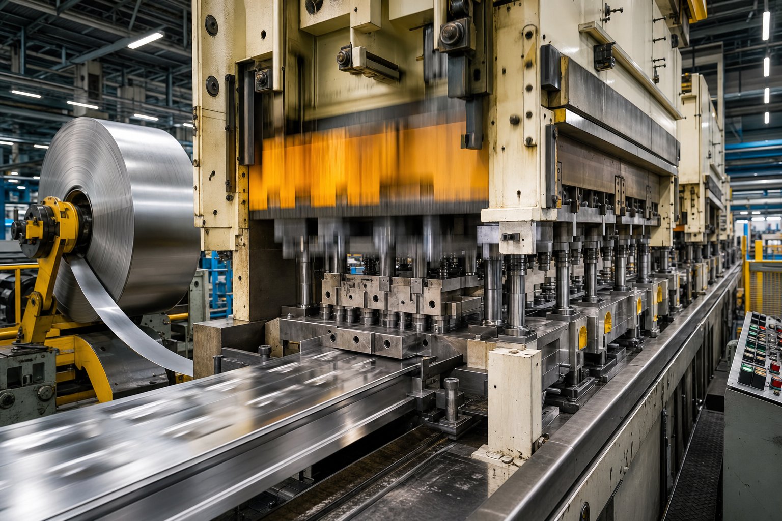 info-1-1 high speed progressive stamping press running a multi station die where bypass notches ensure reliable strip feed