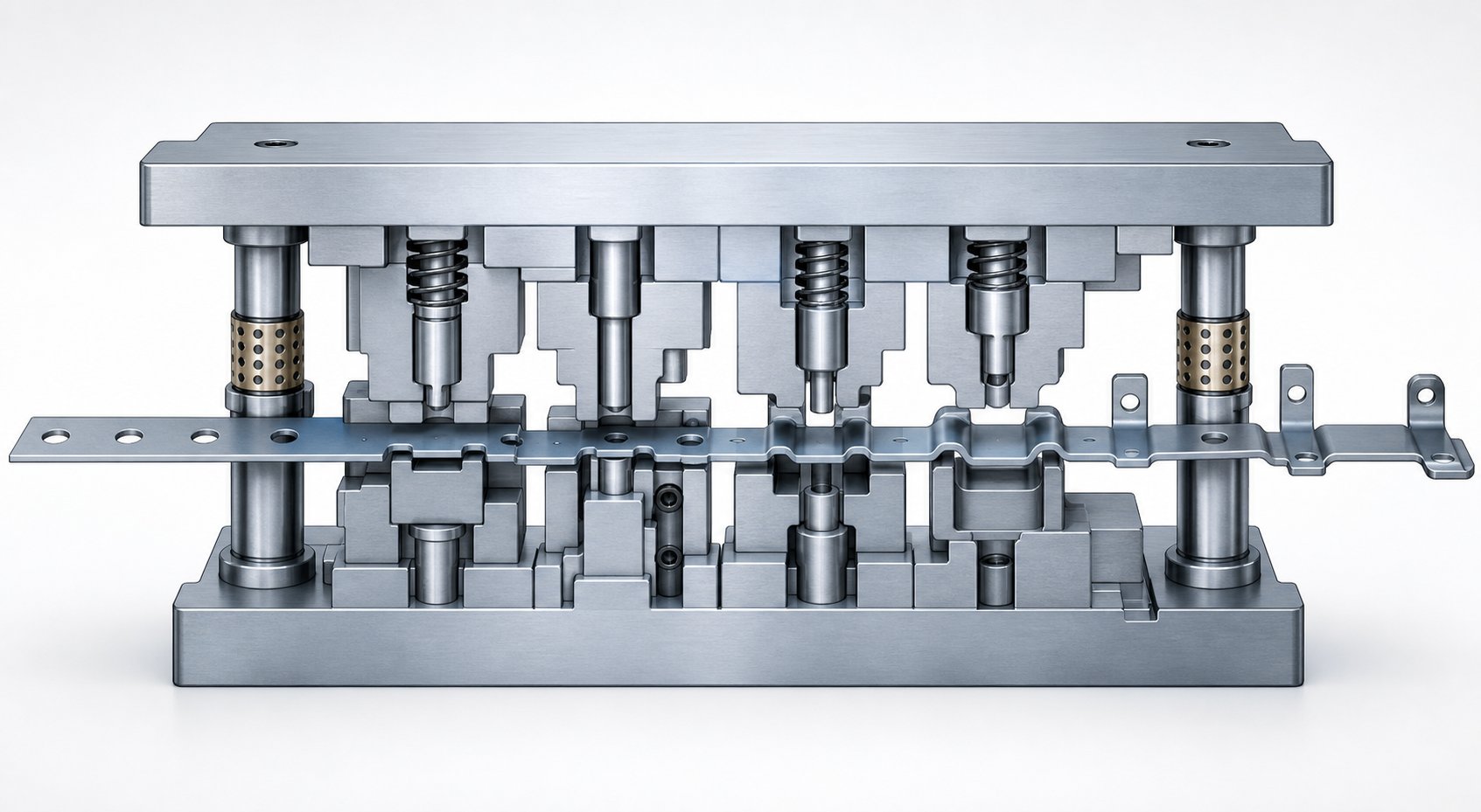 info-1-1 metal strip advancing through a progressive die with bypass notches providing clearance for formed features