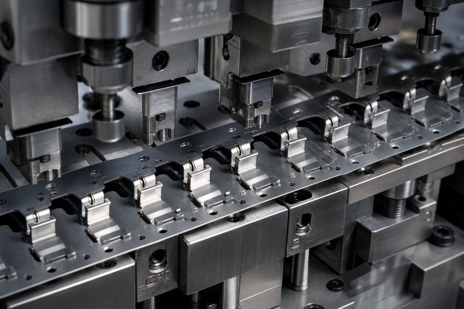info-1-1 progressive stamping die with carrier strip showing bypass notch clearance areas between forming stations