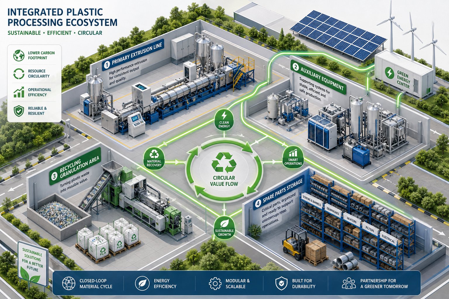integrated plastic machinery ecosystem combining primary processing recycling capability and resilient component supply chains