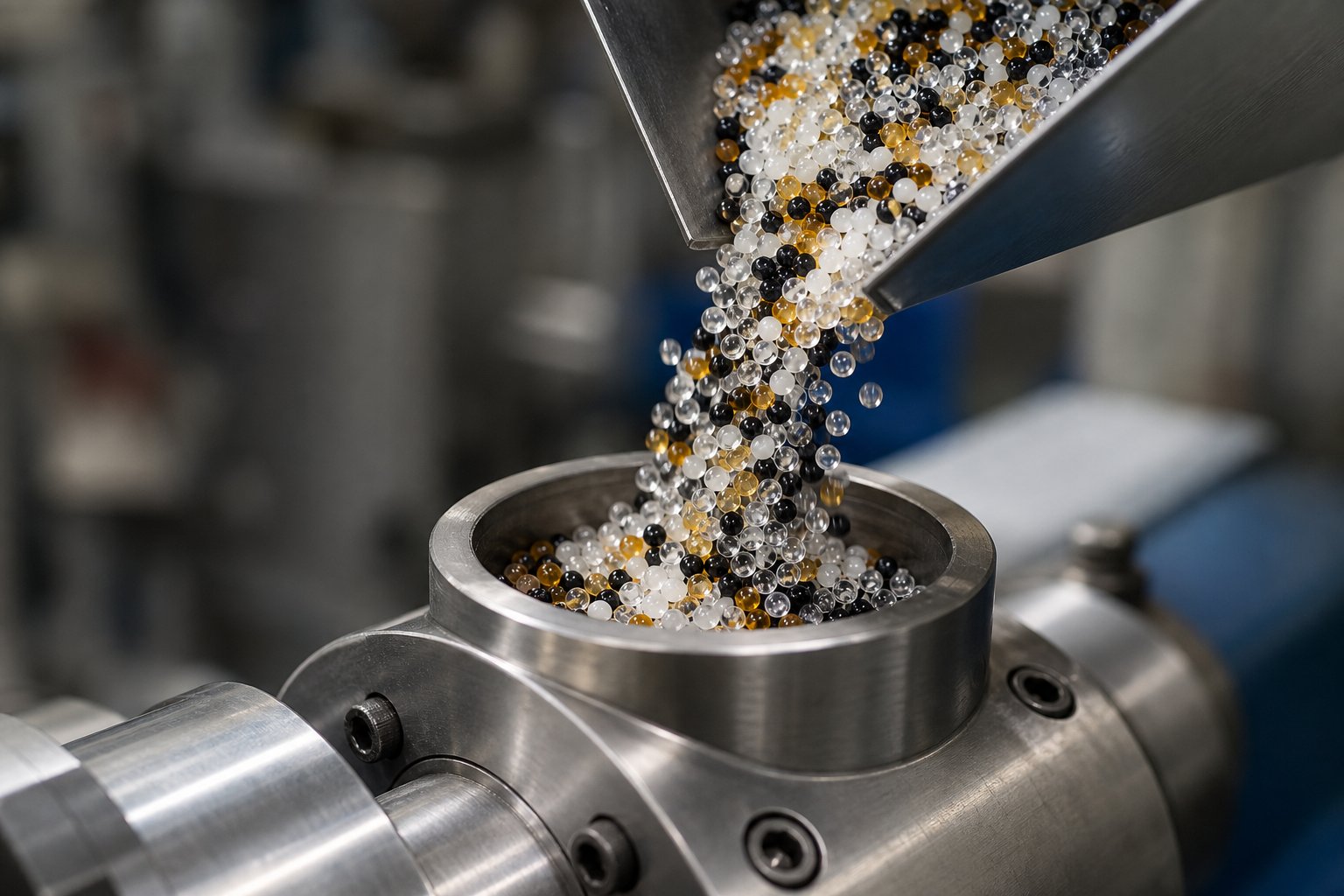 polymer pellets entering a plastic processing machine barrel where screw geometry and thermal control must match material properties