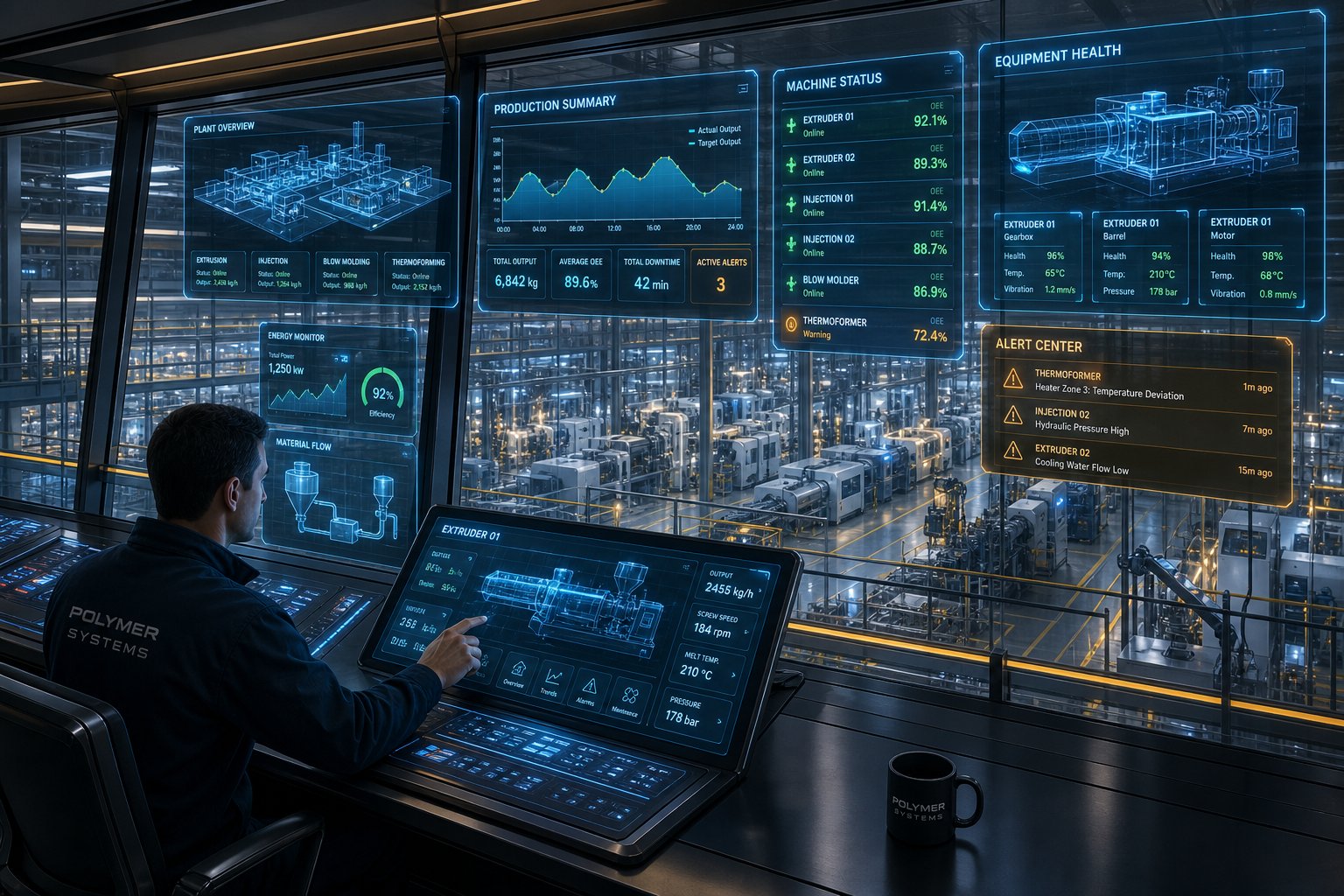 smart automation control center monitoring real time plastic machinery performance through iot sensors and predictive analytics